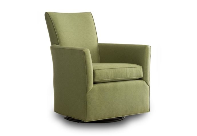 Side shot of the Cassandra swivel glider from Vogel by Chervin in an olive green upholstery