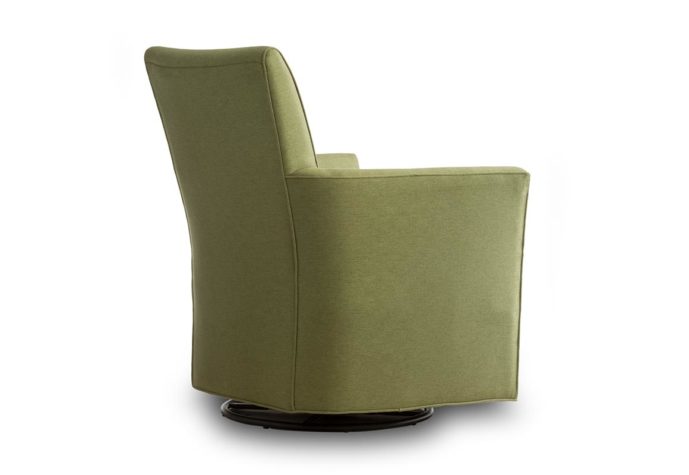 Back shot of the Cassandra swivel glider from Vogel by Chervin in an olive green upholstery