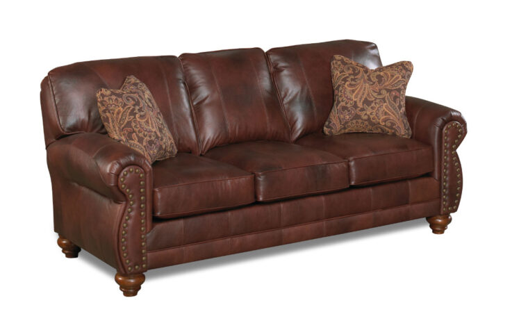 This leather stationary sofa has a loveseat and matching chair