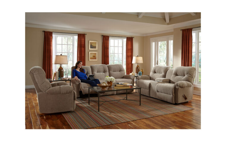 This leather stationary sofa has a loveseat and matching chair