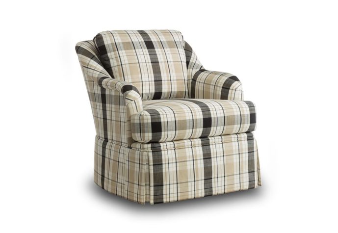 Angled shot of the traditional Cassidy swivel chair in a plaid fabric with a skirt