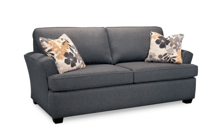 paige hide-a-bed is available as a loveseat as well and is shown in a charcoal fabric with yellow and grey pillows