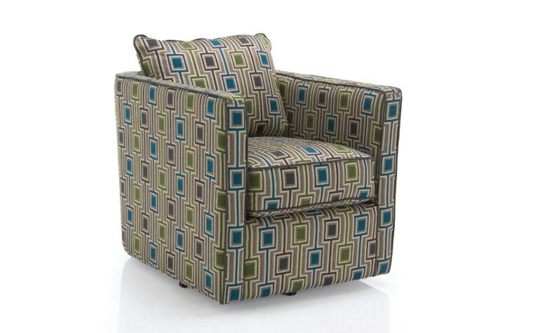 transitional swivel chair with green and blue fabric and loose back cushion