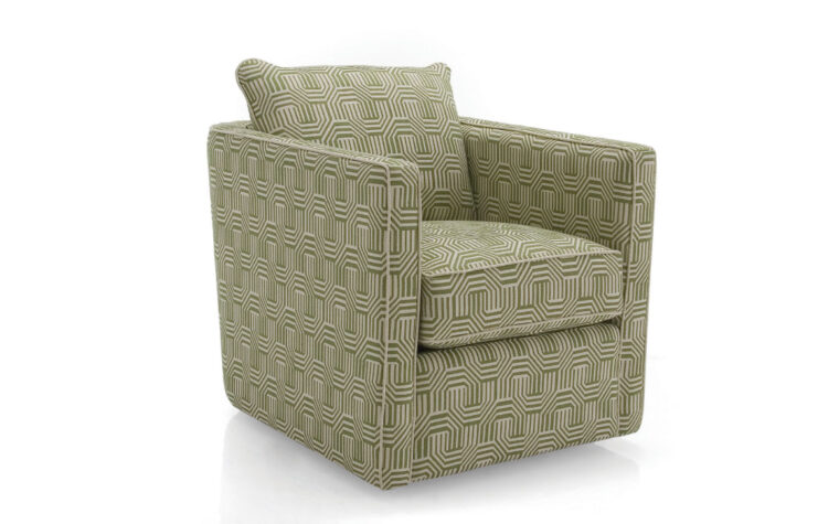 transitional swivel chair in a green fabric with loose back cushion and swivel base
