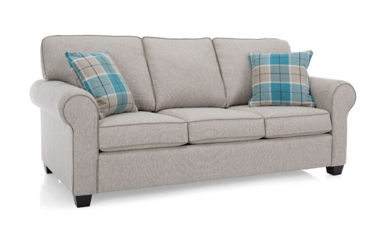 2179 sofa is a traditional sofa in a grey fabric with blue checked pillows and rolled arms