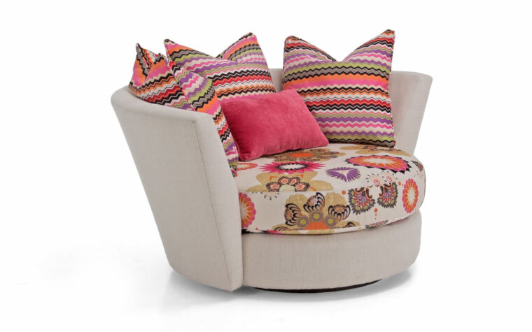 the 2224 swivel chair is a contemporary swivel chair that comes with multiple toss pillows