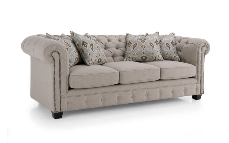 2230 sofa is a traditional sofa with a tufted back and dark wood finish on the legs and comes with multiple toss cushions