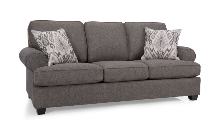 2285 sofa is a traditional sofa in a charcoal fabric with fun accent pillows