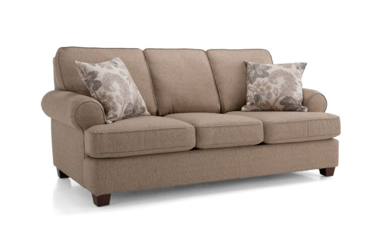 2285 sofa is a tan traditional sofa with espresso wood finish and accent pillows
