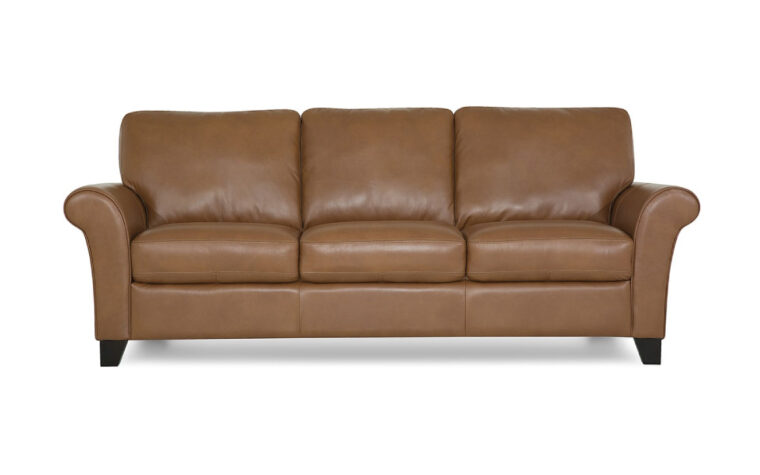 the traditional styled sofa, rosebank sofa from palliser shown in a brown leather with curved arms