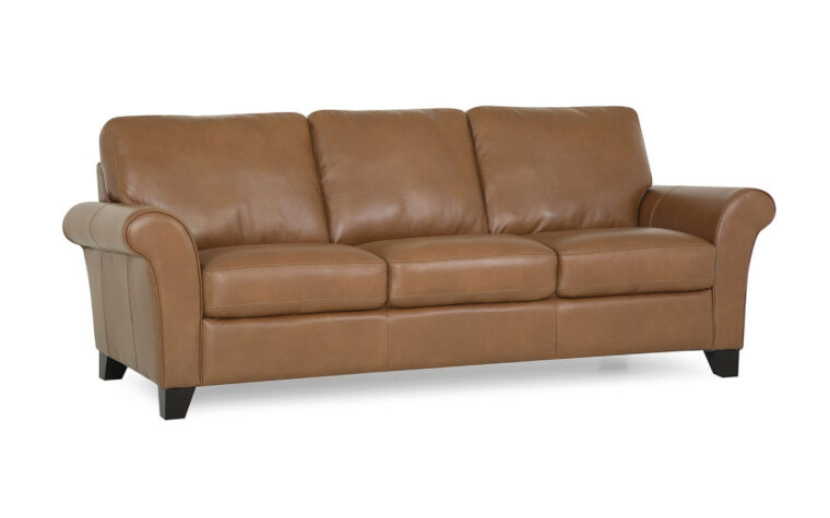 side angle of the traditional styled sofa, rosebank sofa from palliser shown in a brown leather with curved arms