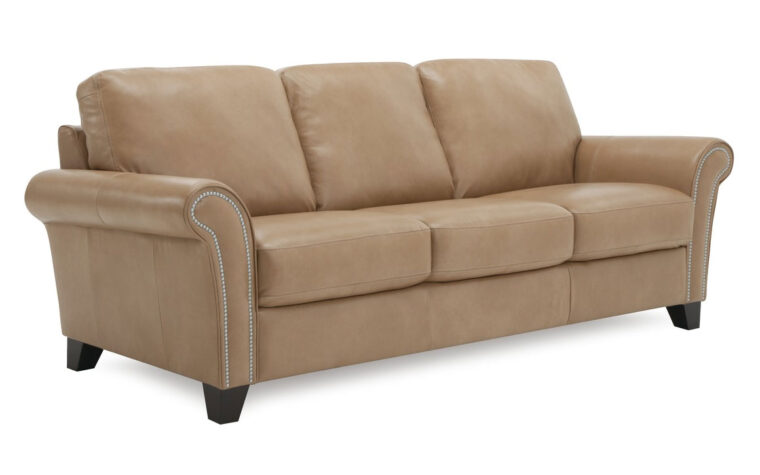 side angle of the traditional styled sofa, rosebank sofa from palliser shown in a brown leather with curved arms