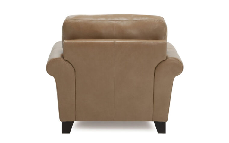 back view of rosebank chair is a relaxed casual club chair in a brown leather with nail head trim and piping on curved arm