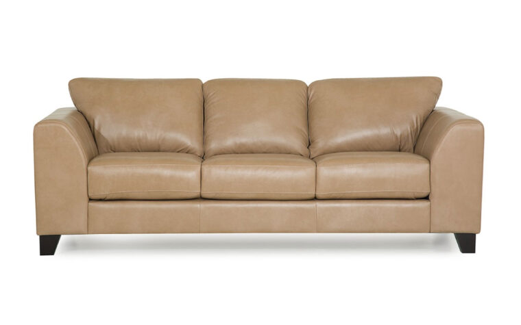juno sofa is a contemporary sofa in a tan leather with espresso wood finish
