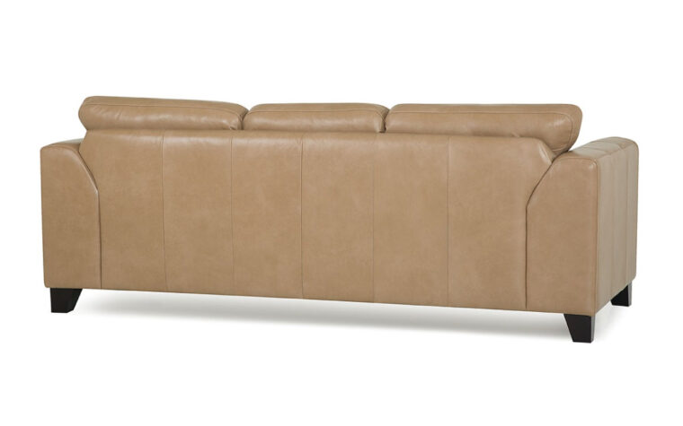 back view of juno sofa is a contemporary sofa in a tan leather with espresso wood finish