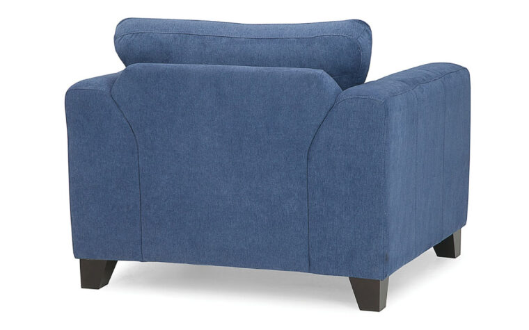 back angle of juno chair is a contemporary chiar in a blue velvet fabric with espresso wood finish