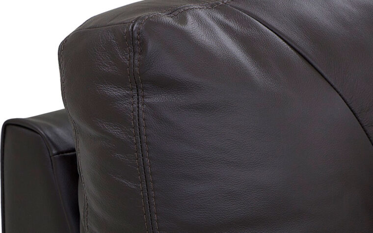 back cushion details of northbrook sofa is a relaxed casual sofa in a black leather with espresso wooden legs