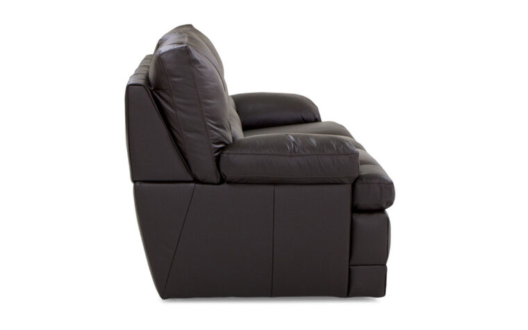 side view and details of northbrook sofa is a relaxed casual sofa in a black leather with espresso wooden legs