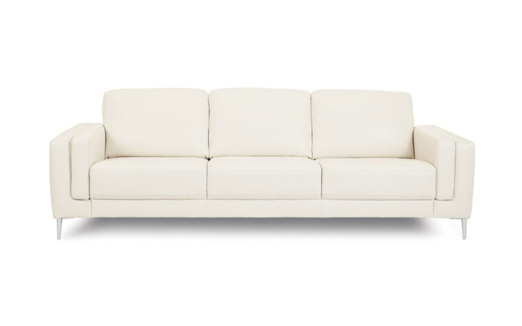 zuri sofa is a mid-century modern sofa in a white leather with chrome high legs