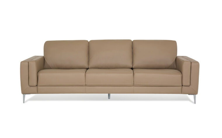 front view of front angle of zuri sofa is a mid-century modern sofa in a brown leather with chrome high legs