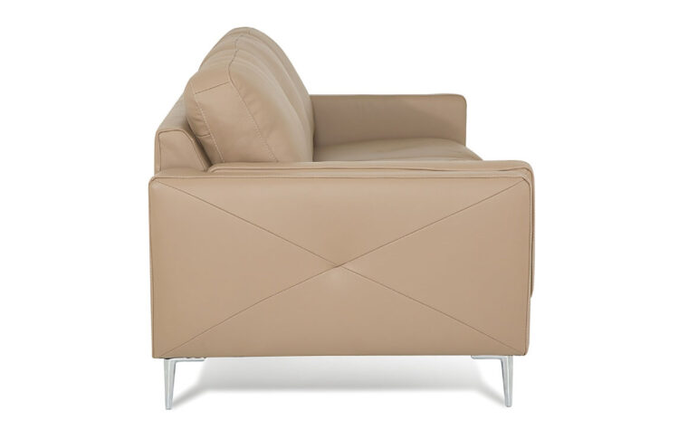 side view of front angle of zuri sofa is a mid-century modern sofa in a brown leather with chrome high legs