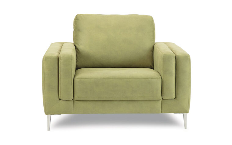 zuri chair is a mid-century modern chair in a green fabric with brushed metal legs
