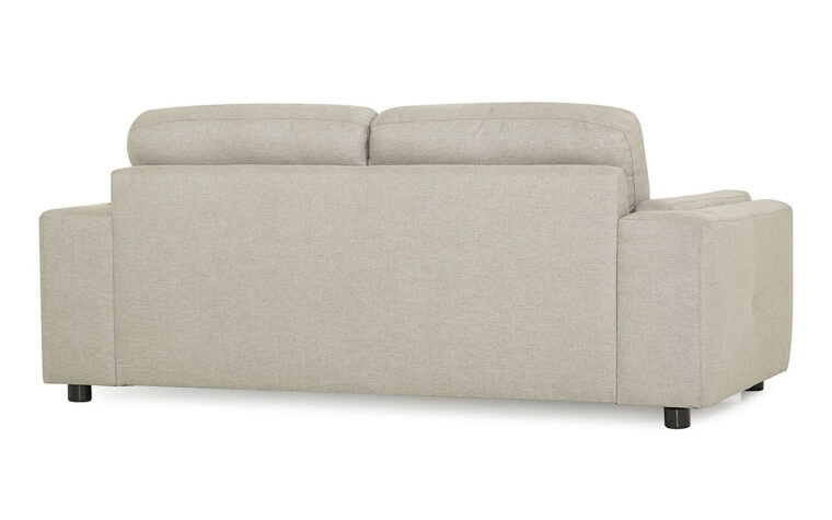 back view of zuri loveseat is a mid-century modern loveseat in a light grey leather with wood legs