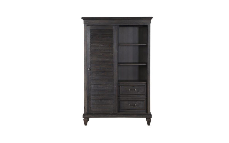 The Calistoga Gentleman’s Chest has a distressed charcoal finish and accented with brushed pewter hardware; several adjustable shelves inside