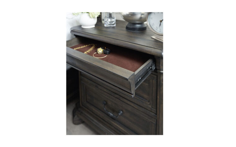 The Bellamy Drawer Nightstand is warm and inviting and has a peppercorn finish