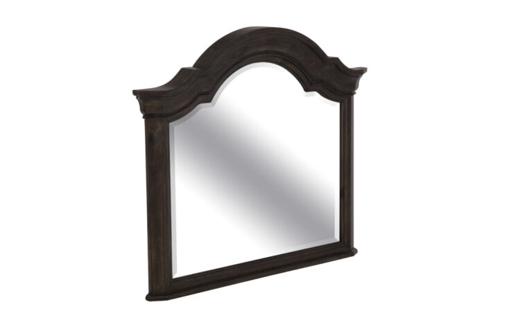 The Bellamy Shaped Mirror is warm and inviting and has a peppercorn finish