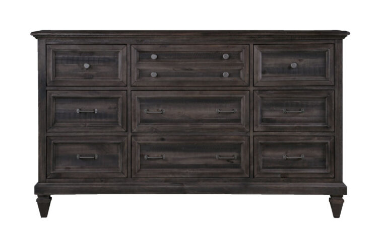 The Calistoga Drawer Dresser has a distressed charcoal finish and accented with brushed pewter hardware