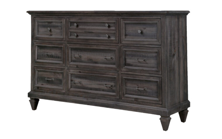 The Calistoga Drawer Dresser has a distressed charcoal finish and accented with brushed pewter hardware