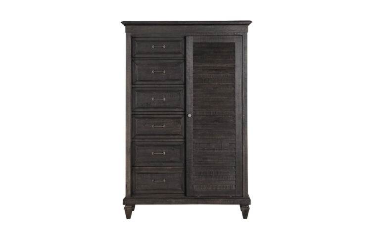 The Calistoga Gentleman’s Chest has a distressed charcoal finish and accented with brushed pewter hardware