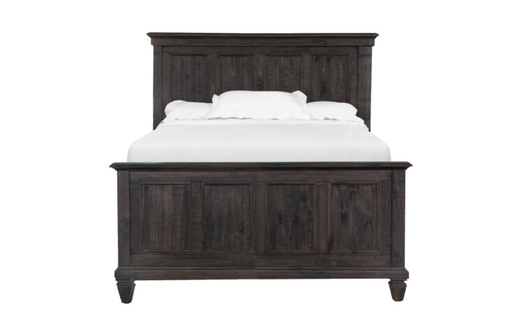 The Calistoga Panel Bed has a distressed charcoal finish and accented with brushed pewter hardware