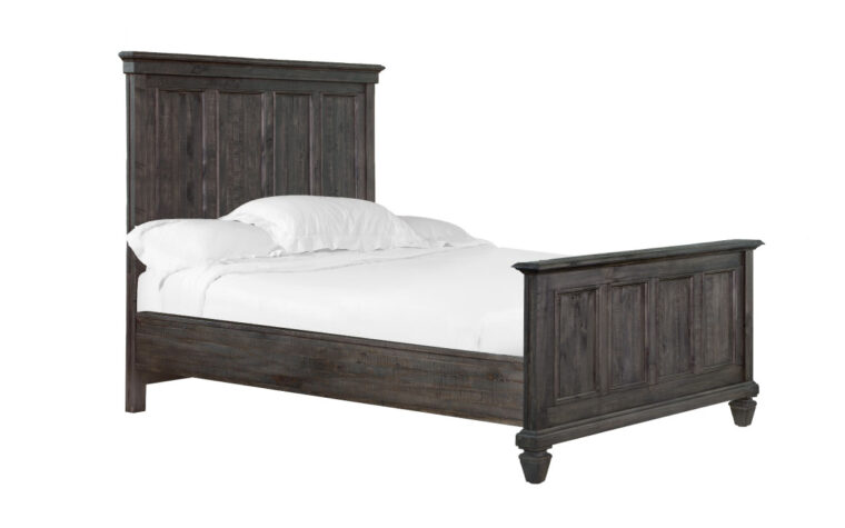 The Calistoga Panel Bed has a distressed charcoal finish and accented with brushed pewter hardware