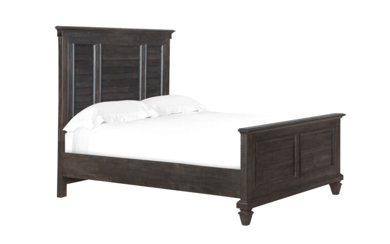 The Calistoga Panel Bed has a distressed charcoal finish and accented with brushed pewter hardware