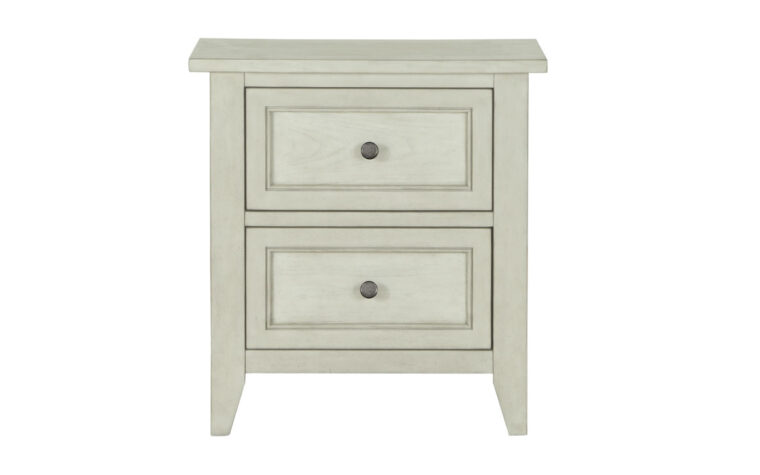 The Raelynn Drawer Nightstand has a weathered white finish and accented with a weathered bronze hardware