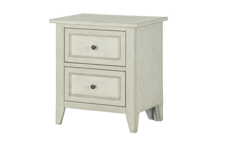 The Raelynn Drawer Nightstand has a weathered white finish and accented with a weathered bronze hardware