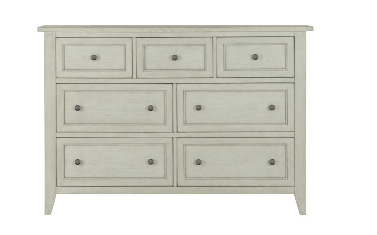 The Raelynn Drawer Dresser has a weathered white finish and accented with a weathered bronze hardware