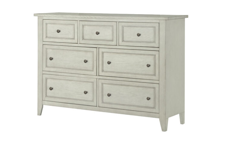 The Raelynn Drawer Dresser has a weathered white finish and accented with a weathered bronze hardware