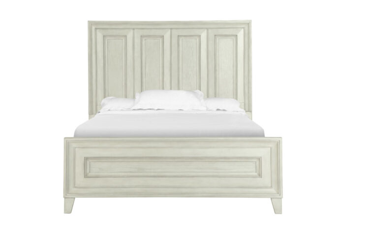 The Raelynn Panel Bed has a weathered white finish and accented with a weathered bronze hardware
