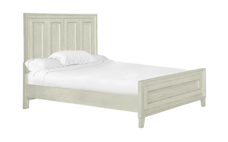The Raelynn Panel Bed has a weathered white finish and accented with a weathered bronze hardware