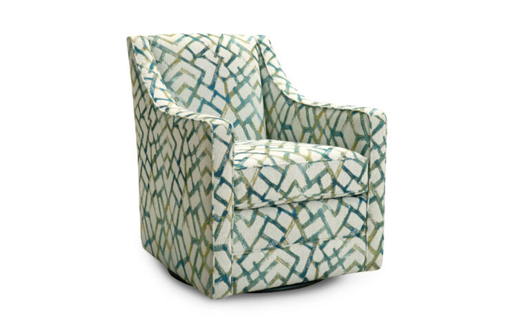 charlotte swivel chair is a transitional swivel chair in green and blue and white fabric with a swivel base exposed
