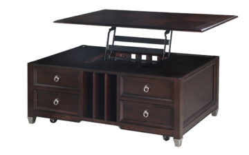 The Darien Lift Top Cocktail Table is constructed from ash veneer and hardwood solids and has a burnt umber finish