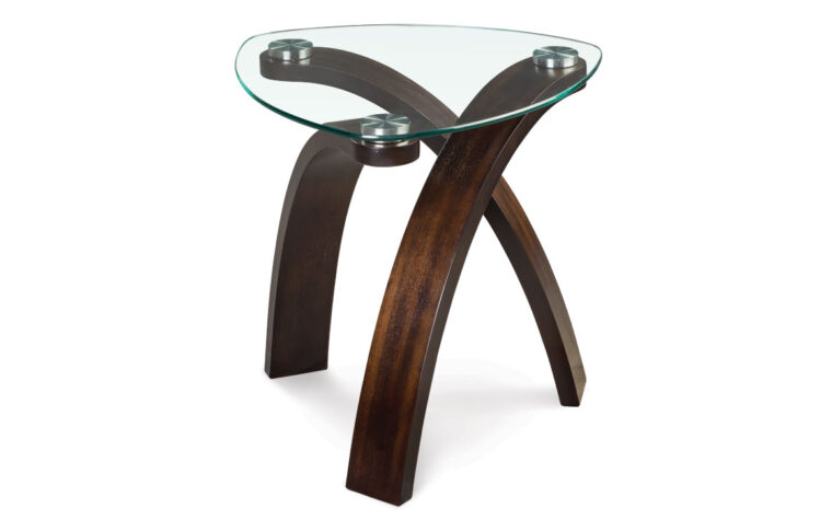 The Allure End Table is constructed from walnut veneer, plkwood solids, glass, and stainless steel pucks
