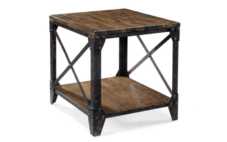 The Pinebrook End Table is constructed from pine veneer and metal and has a distressed natural pine finish and accented with gun metal hardware