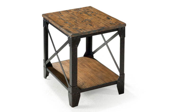 The Pinebrook Small End Table is constructed from pine veneer and metal and has a distressed natural pine finish and accented with gun metal hardware