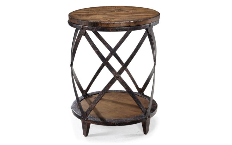 The Pinebrook Accent Table is constructed from pine veneer and metal and has a distressed natural pine finish and accented with gun metal hardware