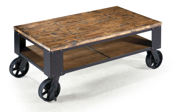 The Pinebrook Starter CocktailTable is constructed from pine veneer and metal and has a distressed natural pine finish and accented with gun metal hardware