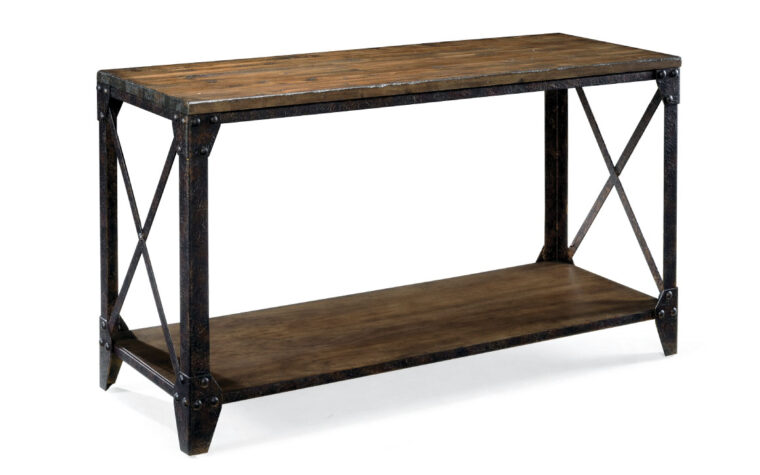 The Pinebrook Sofa Table is constructed from pine veneer and metal and has a distressed natural pine finish and accented with gun metal hardware